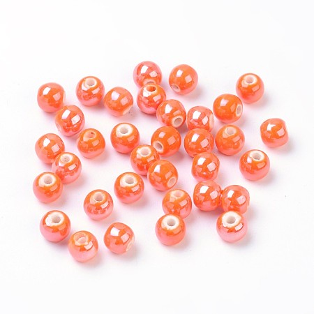 Honeyhandy Pearlized Handmade Porcelain Round Beads, Coral, 6mm, Hole: 1.5mm