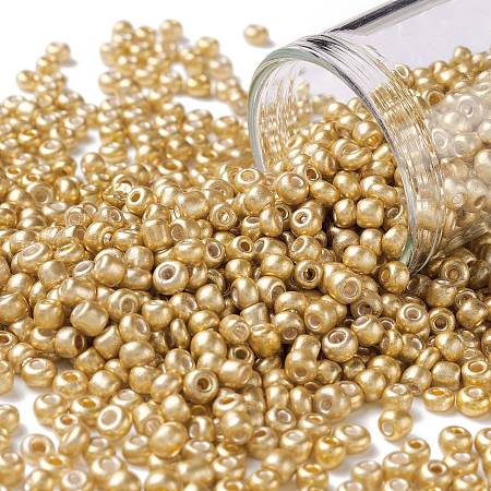 Honeyhandy 8/0 Glass Seed Beads, Metallic Colours Style, Round, Gold, 8/0, 3mm, Hole: 1mm, about 1111pcs/50g