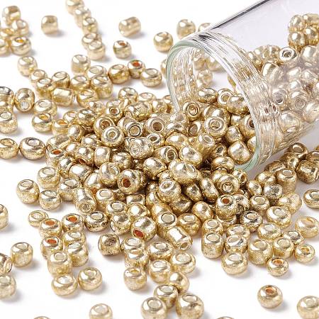 Honeyhandy 6/0 Glass Seed Beads, Metallic Colours Style, Round, Gold, 6/0, 4mm, Hole: 1.5mm, about 500pcs/50g