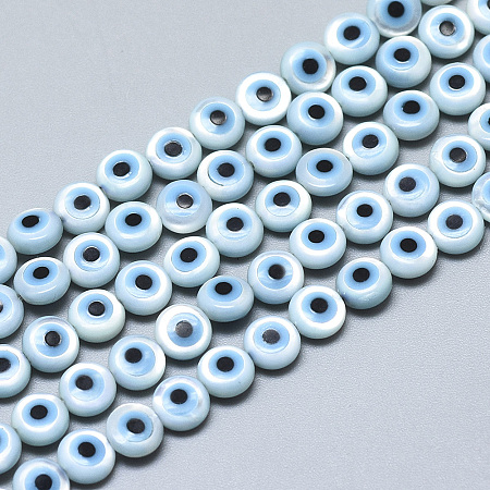 Honeyhandy Natural White Shell Mother of Pearl Shell Beads, with Natural Turquoise, Evil Eye, Deep Sky Blue, 5x2mm, Hole: 0.5mm