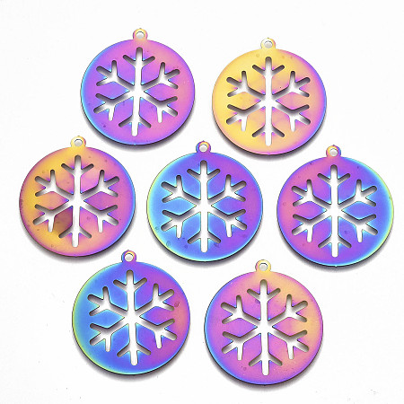 Honeyhandy Christmas Ion Plating(IP) 201 Stainless Steel Pendants, Etched Metal Embellishments, Flat Round with Snowflake, Rainbow Color, 33x30x0.3mm, Hole: 1.8mm