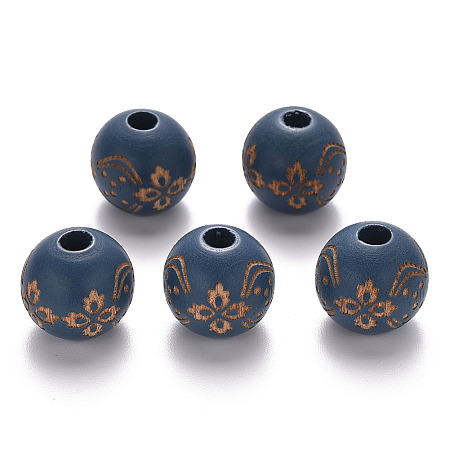 Honeyhandy Painted Natural Wood Beads, Laser Engraved Pattern, Round with Flower Pattern, Steel Blue, 16x15mm, Hole: 4mm