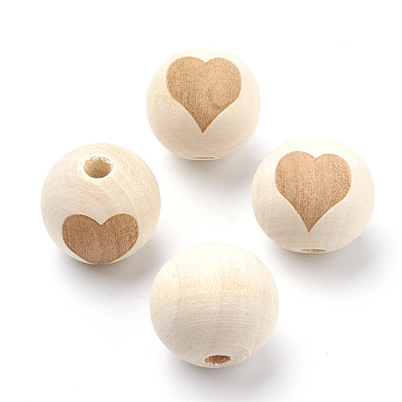 Honeyhandy Unfinished Wood Beads, Natural Wooden Loose Beads Spacer Beads, Round with Heart, Old Lace, 18.5~19x17.5mm, Hole: 3.5~4mm