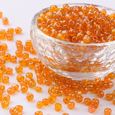 Ornaland 6/0 Glass Seed Beads, Transparent Colours Lustered, Round, Orange, 4mm, Hole: 1.5mm; about 1500pcs/bag