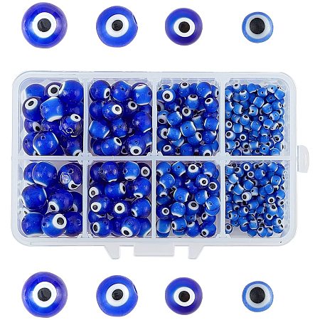 Olycraft Handmade Evil Eye Lampwork Round Beads, Blue, 4mm/6mm/8mm/10mm, Hole: 1mm; about 390pcs/set