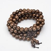Honeyhandy 5-Loop Wrap Style Buddhist Jewelry, Sandalwood Mala Bead Bracelets/Necklaces, Round, Camel, 31-1/4 inch(88cm)