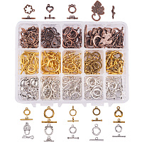 PandaHall Elite 112 Sets 14 Style Tibetan Style Alloy Toggle T-Bar Clasps Findings Jewelry Making, Antique Bronze & Silver & Golden(Star, Heart, Leaf, Lock)