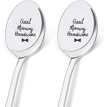 GLOBLELAND 2 Pieces Good Morning Handsome Engraved Spoon Stainless Steel Espresso Spoon Funny Coffee Lovers Gift for Friends or Family