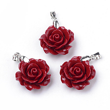 Honeyhandy Dyed Synthetic Coral Pendants, with Brass Findings, Flower, Dark Red, 20x20.5x10mm, Hole: 3.5x5mm