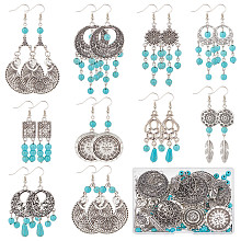 SUNNYCLUE DIY Synthetic Turquoise Beaded Earring Making Kit, Including Moon & Teardrop & Triangle & Leaf Alloy Pendants & Links & Beads, Brass Earring Hooks, Antique Silver, 256Pcs/box