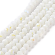 Honeyhandy Electroplate Opaque Solid Color Glass Beads Strands, Half Rainbow Plated, Faceted, Rondelle, White, 4x3mm, Hole: 0.4mm, about 123~127pcs/strand, 16.5~16.9 inch(42~43cm)