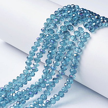 Honeyhandy Electroplate Transparent Glass Beads Strands, Half Rainbow Plated, Faceted, Rondelle, Dark Turquoise, 6x5mm, Hole: 1mm, about 92~94pcs/strand, 17~17.5 inch(42.5~43.75cm)