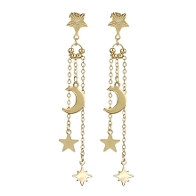 Honeyhandy 304 Stainless Steel Dangle Stud Earrings, Brass Moon with Star Tassel Earrings, Real 18K Gold Plated, 85x10.5mm