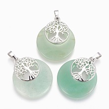 Honeyhandy Natural Green Aventurine Pendants, with Platinum Tone Brass Findings, Flat Round with Tree of Life, 32.5~33x27.5~28x5~6mm, Hole: 5x7mm