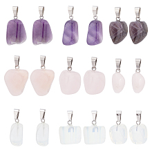 Unicraftale 18Pcs 3 Style Natural Amethyst & Natural Rose Quartz & Opalite Pendants, with Stainless Steel Snap On Bails, Nuggets, Stainless Steel Color, 15~35x10~20x5~15mm, Hole: 3x7.5mm, 6pcs/style