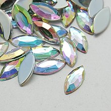 Honeyhandy Imitation Taiwan Acrylic Rhinestone Cabochons, Flat Back & Faceted, Horse Eye, AB Color, Clear AB, 15x7x1.8mm, about 2000pcs/bag