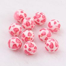 Honeyhandy Spray Painted Resin Beads, with Heart Pattern, Round, Hot Pink, 10mm, Hole: 2mm