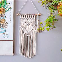 Honeyhandy Cotton Cord Macrame Woven Wall Hanging, with Plastic Non-Trace Wall Hooks, for Nursery and Home Decoration, Floral White, 770x250x21mm