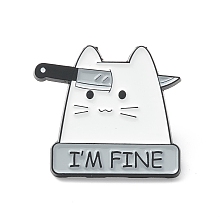 Honeyhandy Word I'm Fine Brooch, Cat with Knife Lapel Pin for Backpack Clothes, Electrophoresis Black, White, 25.5x28x1.5mm, Pin: 1mm