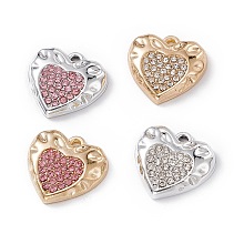 Alloy Rhinestone Pendants, Heart Charm, Platinum & Light Gold, Mixed Color, 15x15x3.5mm, Hole: 1.4mm