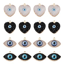 ARRICRAFT 16Pcs 2 Style Druzy Resin Pendants, with Edge Light Gold Plated Iron Loops, Evil Eye & Heart with Evil Eye, Mixed Color, 17~23x19~23x5.5~7.5mm, Hole: 1.8~2mm, 8pcs/style