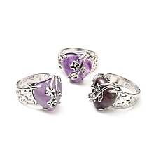 Honeyhandy Natural Amethyst Adjustable Rings, Platinum Tone Heart with Flower Brass Rings for Women, Cadmium Free & Lead Free, US Size 6 3/4(17.1mm), 4.5~9mm