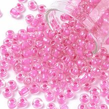 Honeyhandy 6/0 Glass Seed Beads, Transparent Inside Colours Luster, Round Hole, Round, Orchid, 6/0, 4~5x2.5~4.5mm, Hole: 1.2mm, about 4500pcs/bag