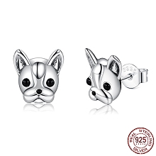 Honeyhandy Anti-Tarnish Rhodium Plated 925 Sterling Silver Stud Earrings, with Cubic Zirconia and Ear Nuts, Dog, Black, Platinum, 9.5x10mm