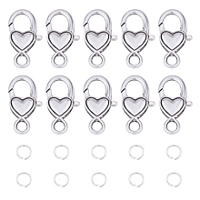 Tibetan Style Heart Alloy Lobster Claw Clasps, Lead Free & Cadmium Free & Nickel Free, with Iron Close but Unsoldered Jump Rings, Antique Silver & Platinum, 80pcs/box