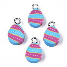 Honeyhandy Handmade Polymer Clay Charms, with Platinum Tone Iron Loop, Easter Egg, Deep Sky Blue, 13~14.5x8~9x4~5mm, Hole: 2mm