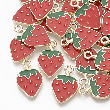 ARRICRAFT Alloy Enamel Pendants, Light Gold, Strawberry, Red, 20.5x13x2mm, Hole: 2mm