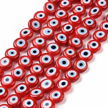 Handmade Evil Eye Lampwork Flat Round Bead Strands, Red, 6x3mm, Hole: 1mm, about 65pcs/strand, 14 inch