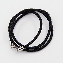 Honeyhandy Braided Leather Cords, for Necklace Making, with Brass Lobster Clasps, Platinum, Black, 21 inch, 3mm