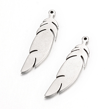 Honeyhandy 304 Stainless Steel Pendants, Feather, Stainless Steel Color, 24x6x1mm, Hole: 1.5mm