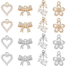 SUPERFINDINGS 16Pcs 4 Styles Cubic Zirconia Pendant Charms 18K Gold Plated Heart Bowknot Flower Cherry Charms Crystal Rhinstone Brass Pendant for Jewelry Making