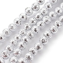 ARRICRAFT Electroplated Natural Lava Rock Bead Strands, Round, Silver, 6~7mm, Hole: 1mm, about 61pcs/strand, 15.55 inches(39.5cm)