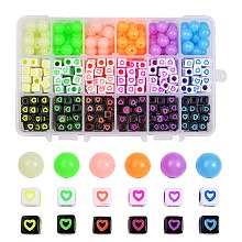 Arricraft 450pcs 18 Colors Opaque Acrylic European Beads, Large Hole Beads, Cube with Heart & Round, Mixed Color, 7x7x7mm, Hole: 4mm