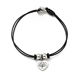 Honeyhandy 304 Stainless Steel Heart with Tree of Life Charm Bracelet with Waxed Cord for Women, Stainless Steel Color, 7 inch(17.8cm)