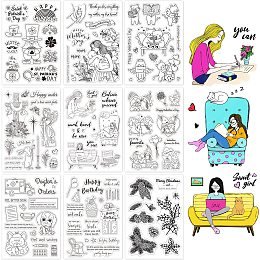 GLOBLELAND 9Sheets Animals and Working Girl Clear Stamp Kiss Cat and Gnome Silicone Clear Stamp Dog Doctor Rubber Stamps for Scrapbook Journal St. Patrick Mother's Day Card Making