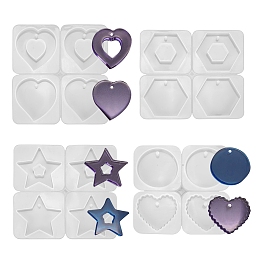 Honeyhandy 4Pcs 4 Style Pendant Silicone Molds, Resin Casting Molds, For UV Resin, Epoxy Resin Jewelry Making, Rectangle with Heart & Flat Round and Heart & Star & Hexagon, White, 164~165x151~160x10~11mm, 1pc/style