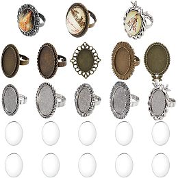 SUNNYCLUE 10Pcs Cabochon Settings Rings Oval Cabochon Rings Cabochon Ring Base Vintage Clear Glass Cabochons Adjustable Ring Base Settings Blank Cabochon Rings for Jewelry Making Kits DIY Supplies