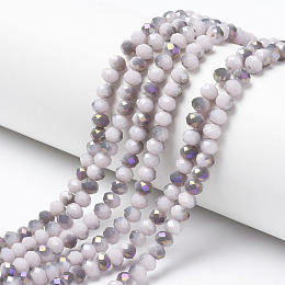 Honeyhandy Electroplate Opaque Glass Beads Strands, Half Purple Plated, Faceted, Rondelle, Antique White, 6x5mm, Hole: 1mm, about 92~94pcs/strand, 17~17.5 inch(42.5~43.75cm)