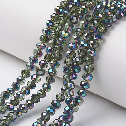 Honeyhandy Electroplate Transparent Glass Beads Strands, Half Multi-color Plated, Faceted, Rondelle, Lime Green, 6x5mm, Hole: 1mm, about 83~85pcs/strand, 38~39cm