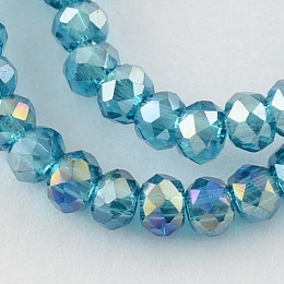 Honeyhandy Electroplate Glass Beads Strands, AB Color Plated, Faceted Rondelle, Cadet Blue, 3.5~4x2.5~3mm, Hole: 0.5mm, about 123~127pcs/strand, 13.39 inch~13.78 inch(34~35cm)