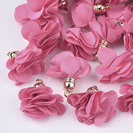 Honeyhandy Cloth Pendant Decorations, with Acrylic Findings, Flower, Hot Pink, 25~30x28~35mm, Hole: 2mm