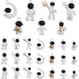 PandaHall Elite 7 Styles Spacemen Charms, 28pcs Astronaut Space Star Moon Theme Pendants Universe Charms Dangle Loose Beads White Cute Alloy Charms for DIY Necklace Bracelet Jewelry Making