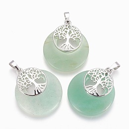 Honeyhandy Natural Green Aventurine Pendants, with Platinum Tone Brass Findings, Flat Round with Tree of Life, 32.5~33x27.5~28x5~6mm, Hole: 5x7mm