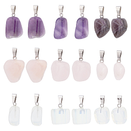 Unicraftale 18Pcs 3 Style Natural Amethyst & Natural Rose Quartz & Opalite Pendants, with Stainless Steel Snap On Bails, Nuggets, Stainless Steel Color, 15~35x10~20x5~15mm, Hole: 3x7.5mm, 6pcs/style