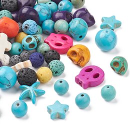 Natural Mixed Beads Sets, Natural Howlite & Lava Rock, Star & Starfish & Skull & Round, Mixed Shape, Dyed, Mixed Color, 8~15x8~12.5x4~13mm, Hole: 1.2~1.7mm, 150pcs/200g