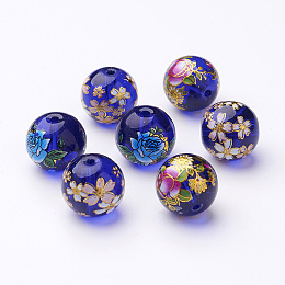 Arricraft Flower Picture Transparent Glass Round Beads, Mixed Color, 14x13mm, Hole: 1.5mm